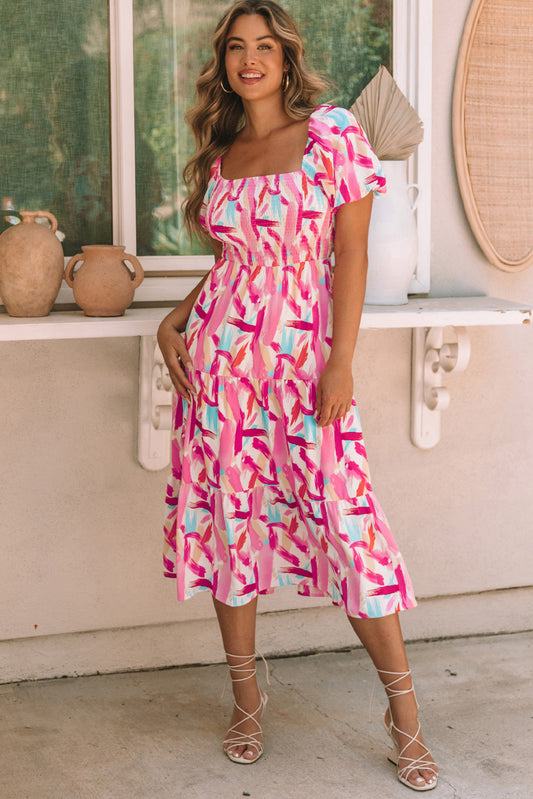 Vestido rosa impresión geométrica con manga y olanes